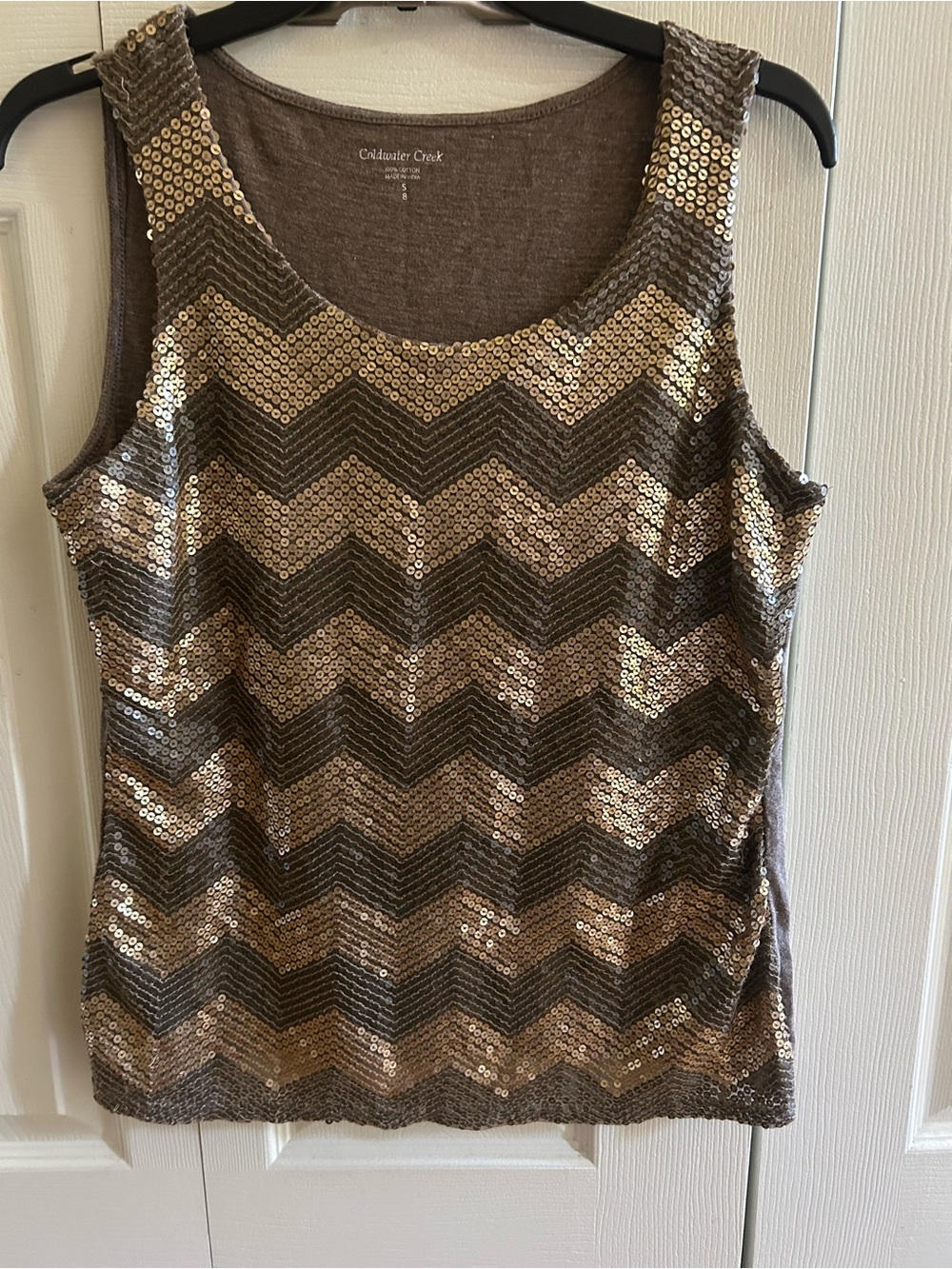 Coldwater Creek Brown Tank Top with Gold Sequin Chevron
